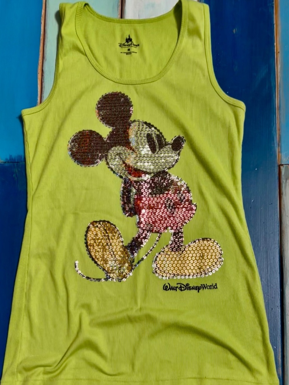 Disney Parks Mickey Mouse Sequin Tank Top Women's Medium Lime Green Walt Disney
